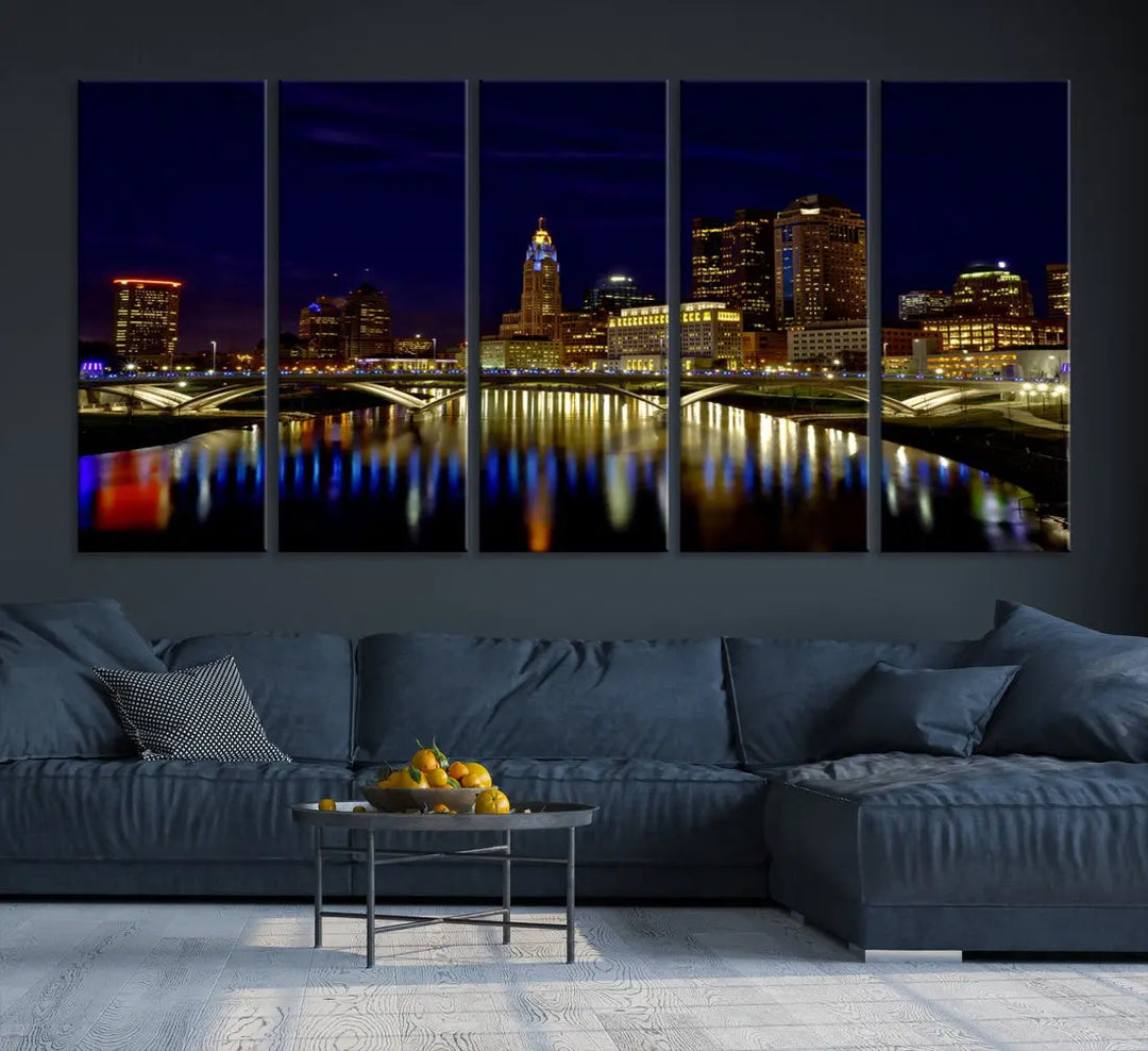 Columbus City Lights Reflections Night Skyline Cityscape Wall Art Canvas Print