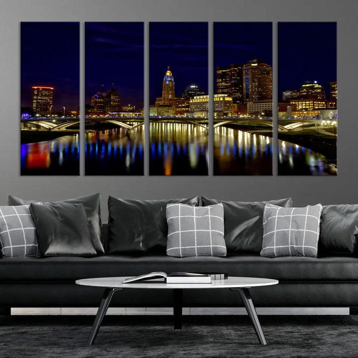 Columbus City Lights Reflections Night Skyline Cityscape Wall Art Canvas Print