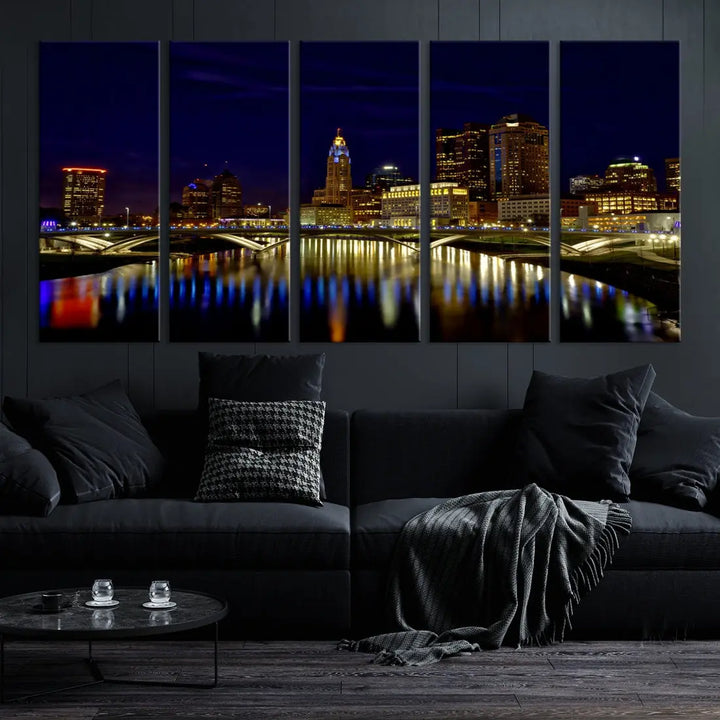 Columbus City Lights Reflections Night Skyline Cityscape Wall Art Canvas Print