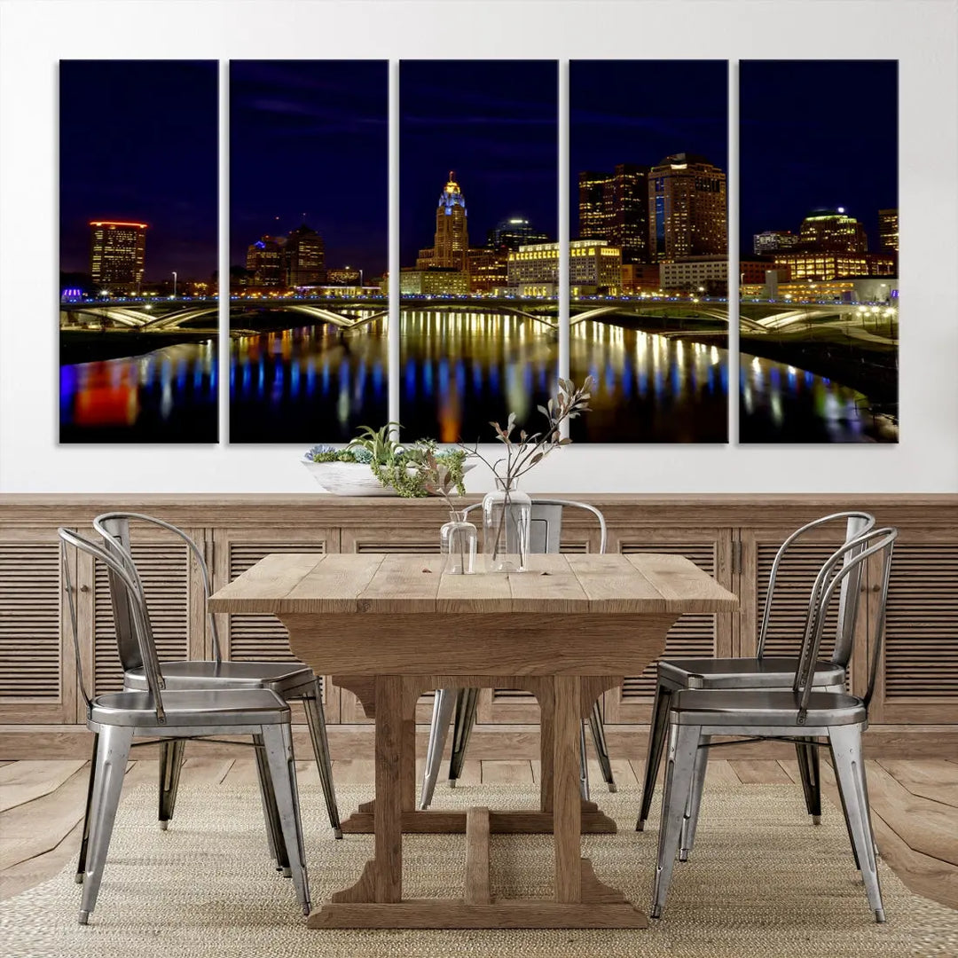 Columbus City Lights Reflections Night Skyline Cityscape Wall Art Canvas Print