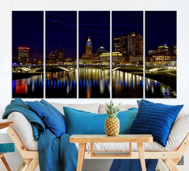 Columbus City Lights Reflections Night Skyline Cityscape Wall Art Canvas Print