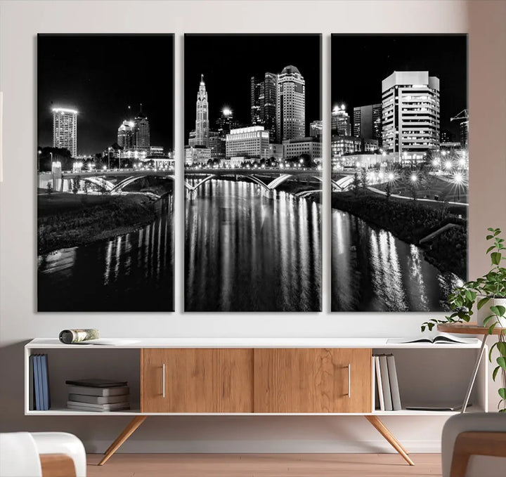 Columbus City Lights Reflections Night Skyline Wall Art Modern Canvas Print