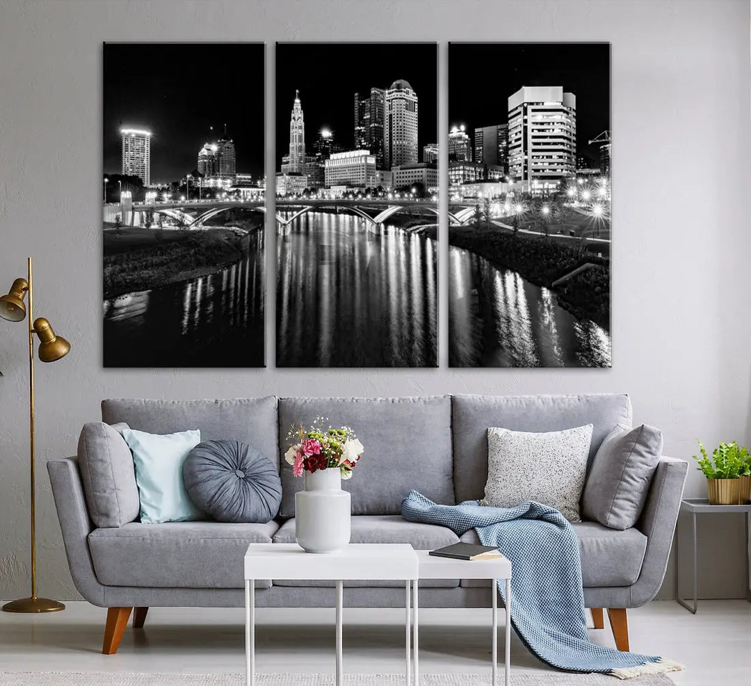 Columbus City Lights Reflections Night Skyline Wall Art Modern Canvas Print