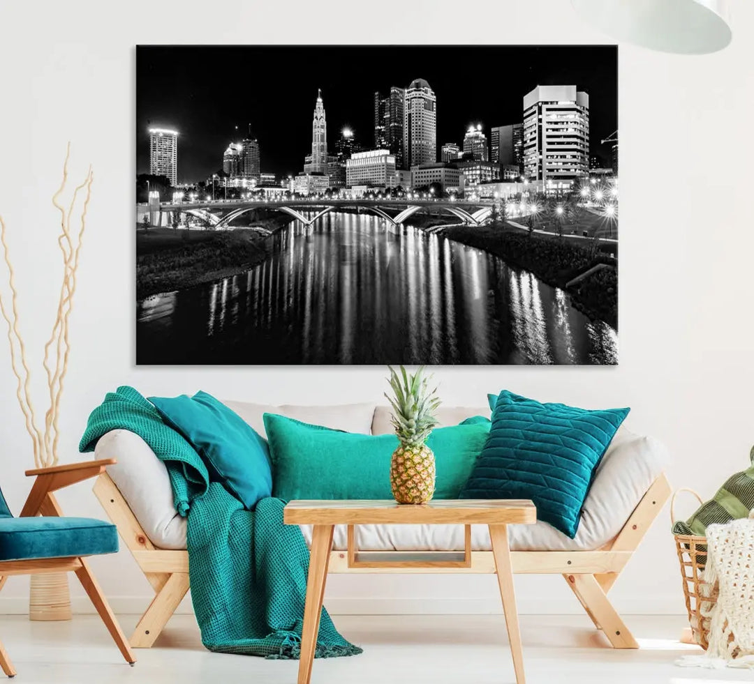 Columbus City Lights Reflections Night Skyline Wall Art Modern Canvas Print