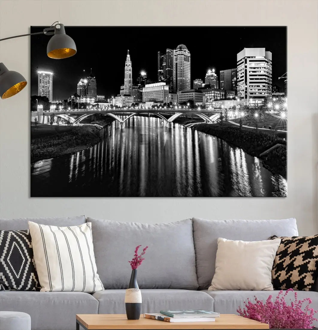 Columbus City Lights Reflections Night Skyline Wall Art Modern Canvas Print