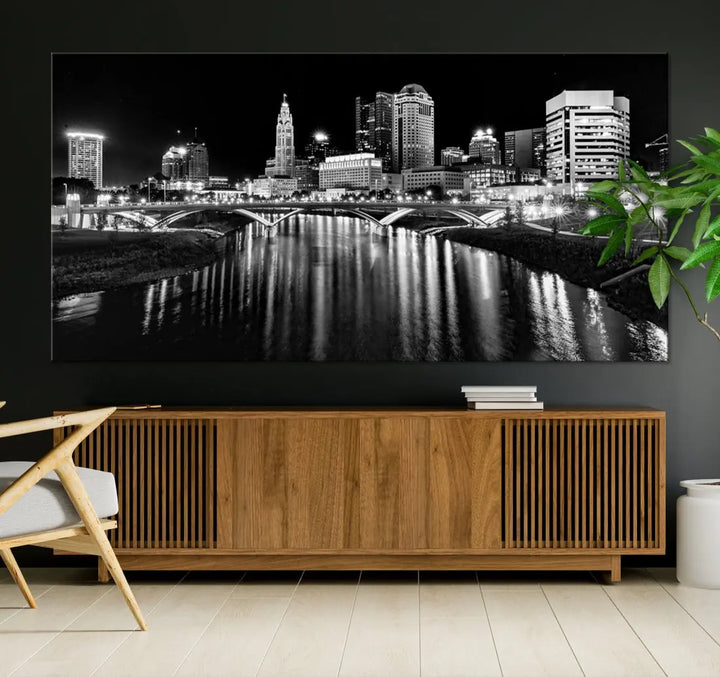 Columbus City Lights Reflections Night Skyline Wall Art Modern Canvas Print