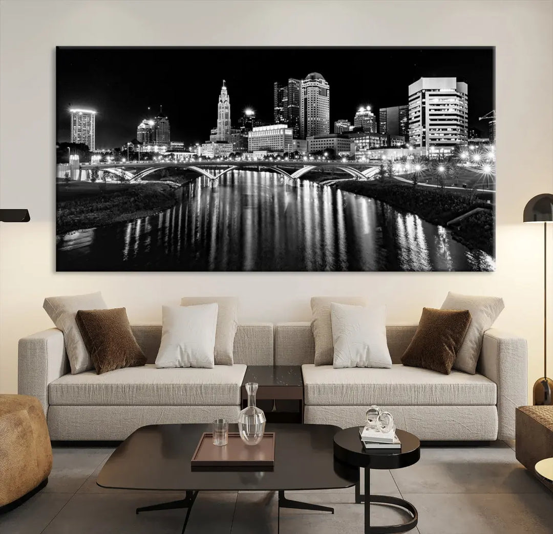 Columbus City Lights Reflections Night Skyline Wall Art Modern Canvas Print