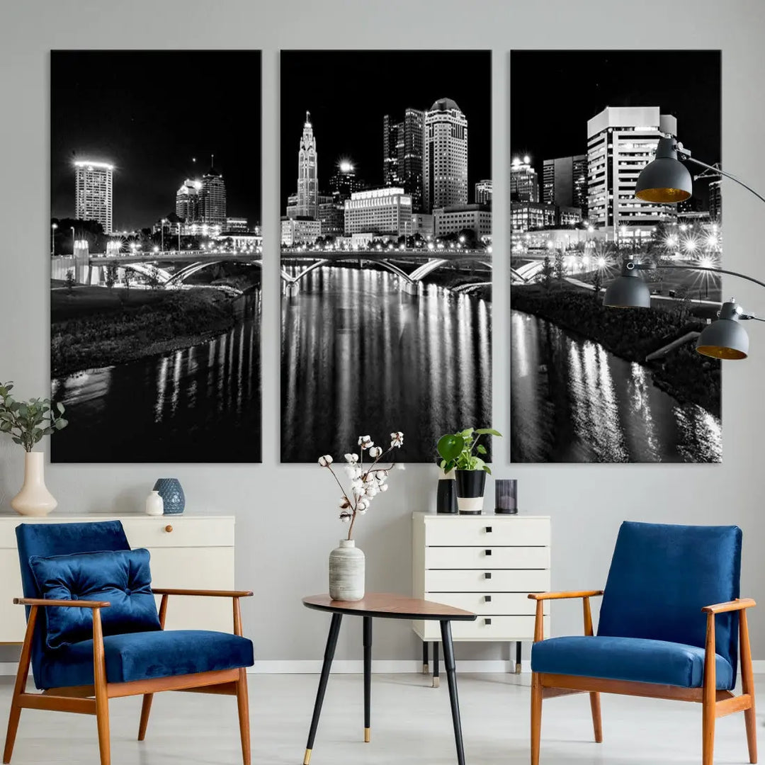 Columbus City Lights Reflections Night Skyline Wall Art Modern Canvas Print