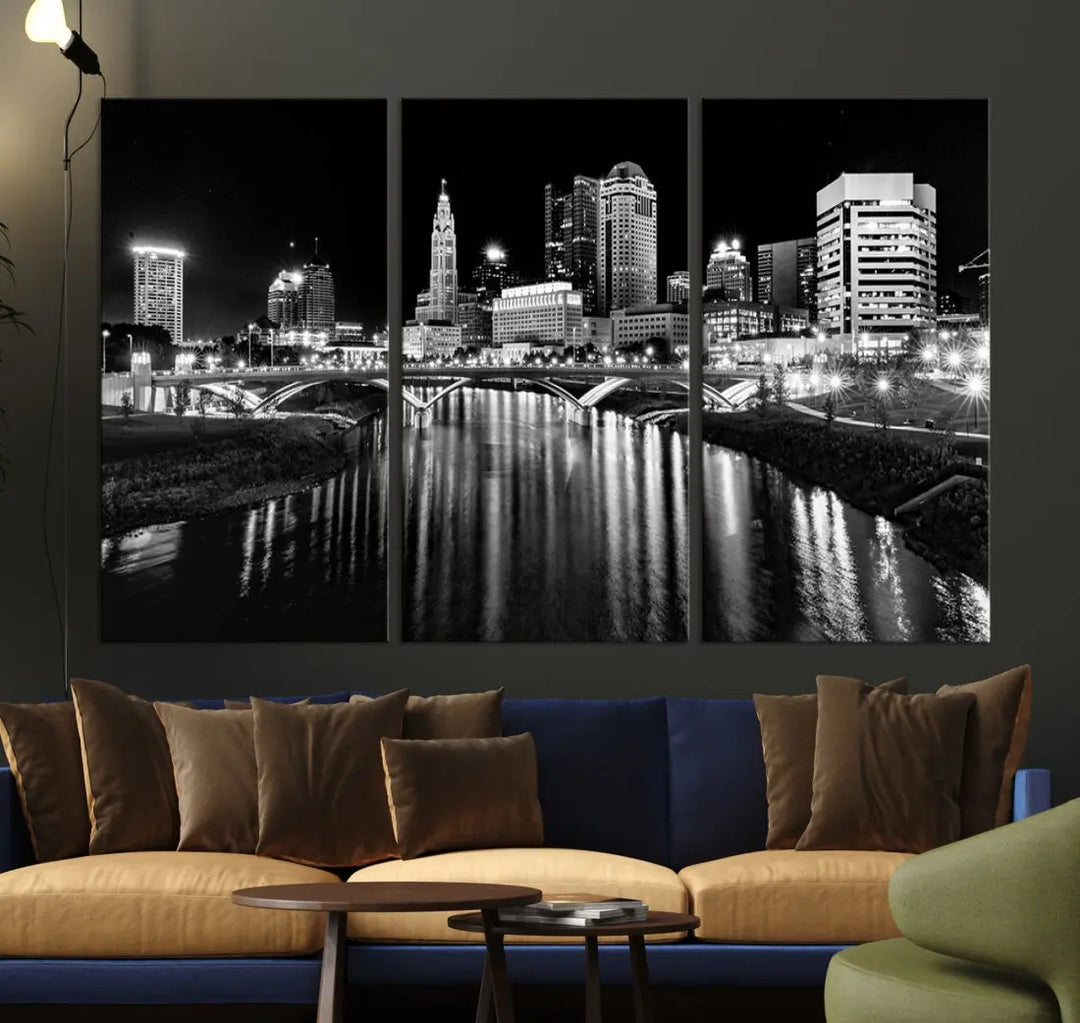 Columbus City Lights Reflections Night Skyline Wall Art Modern Canvas Print