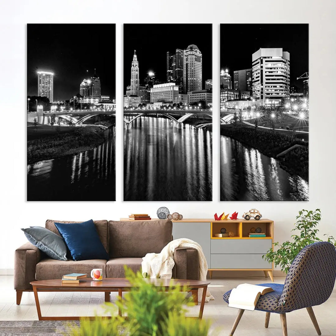 Columbus City Lights Reflections Night Skyline Wall Art Modern Canvas Print