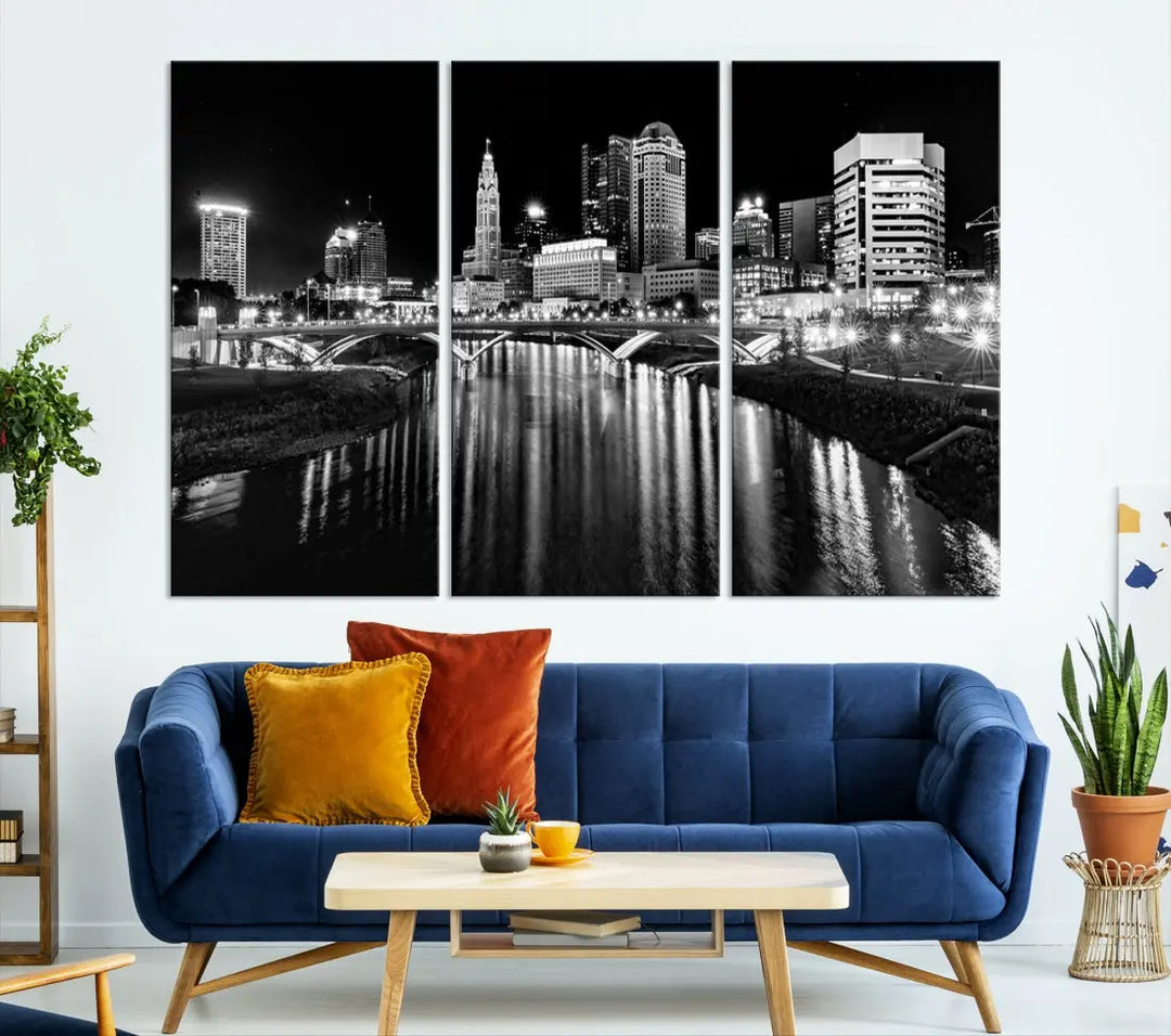 Columbus City Lights Reflections Night Skyline Wall Art Modern Canvas Print