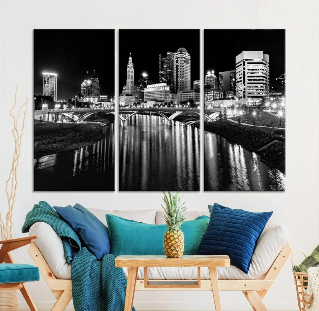 Columbus City Lights Reflections Night Skyline Wall Art Modern Canvas Print