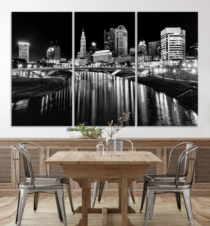 Columbus City Lights Reflections Night Skyline Wall Art Modern Canvas Print