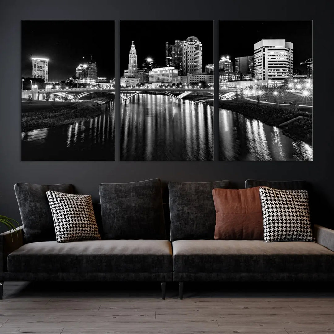 Columbus City Lights Reflections Night Skyline Wall Art Modern Canvas Print