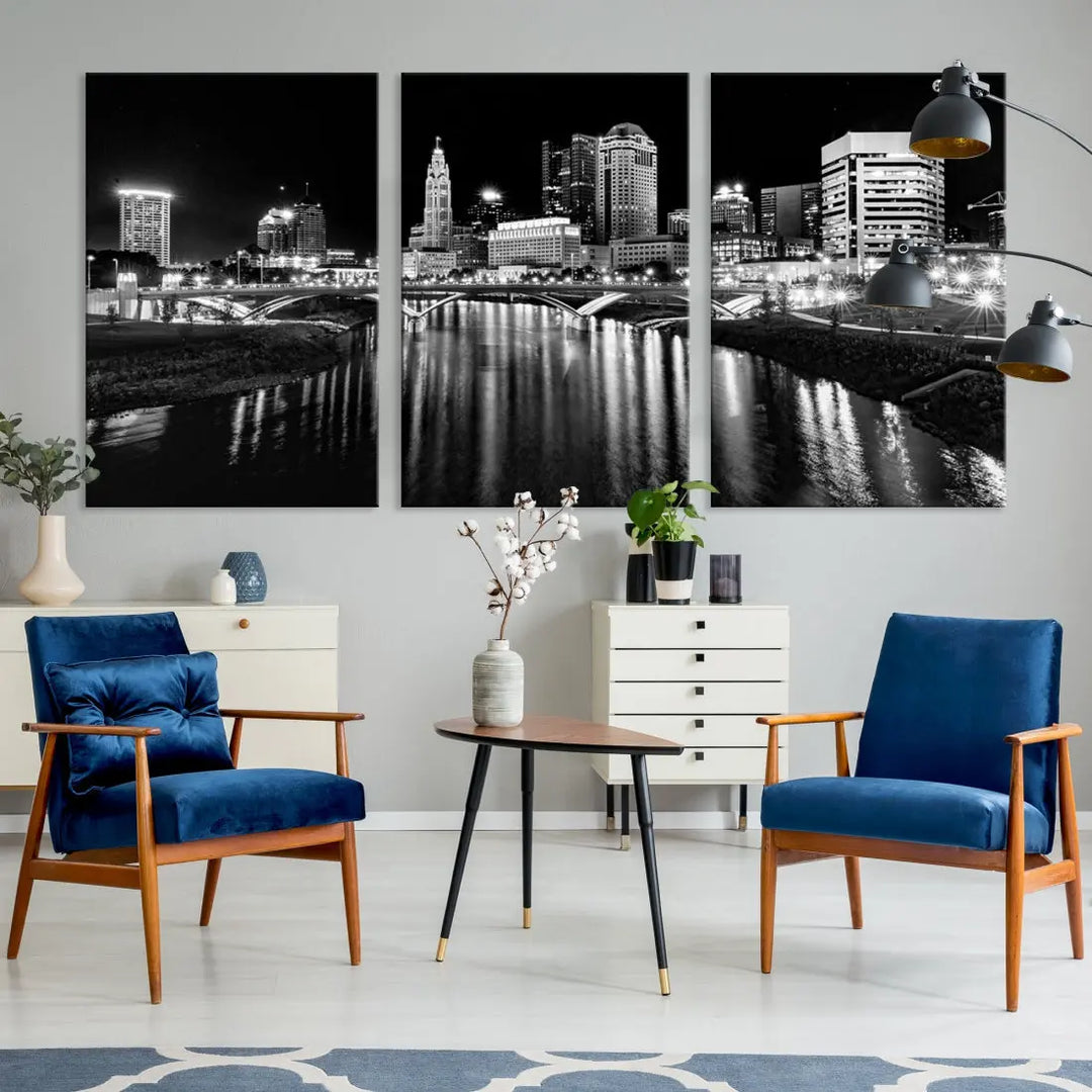 Columbus City Lights Reflections Night Skyline Wall Art Modern Canvas Print