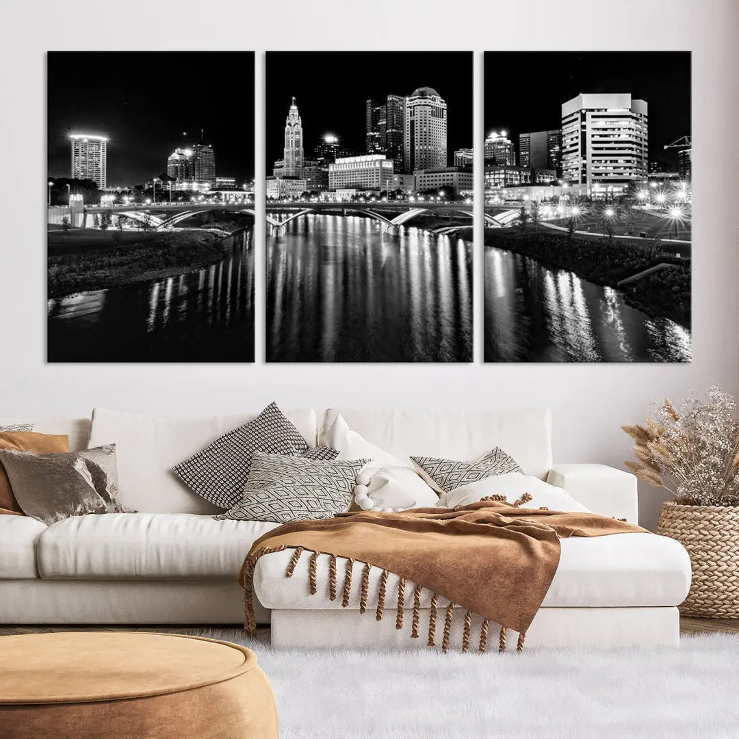 Columbus City Lights Reflections Night Skyline Wall Art Modern Canvas Print