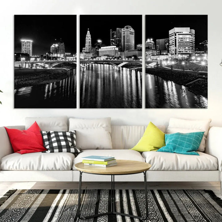 Columbus City Lights Reflections Night Skyline Wall Art Modern Canvas Print