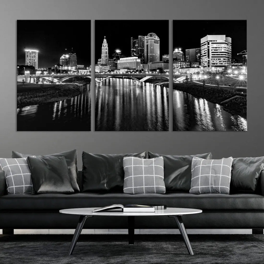 Columbus City Lights Reflections Night Skyline Wall Art Modern Canvas Print