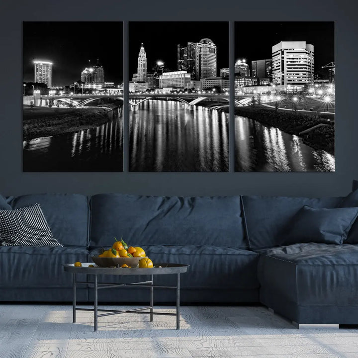 Columbus City Lights Reflections Night Skyline Wall Art Modern Canvas Print