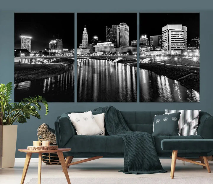 Columbus City Lights Reflections Night Skyline Wall Art Modern Canvas Print