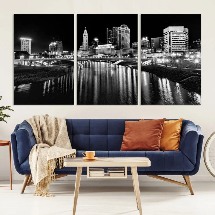 Columbus City Lights Reflections Night Skyline Wall Art Modern Canvas Print