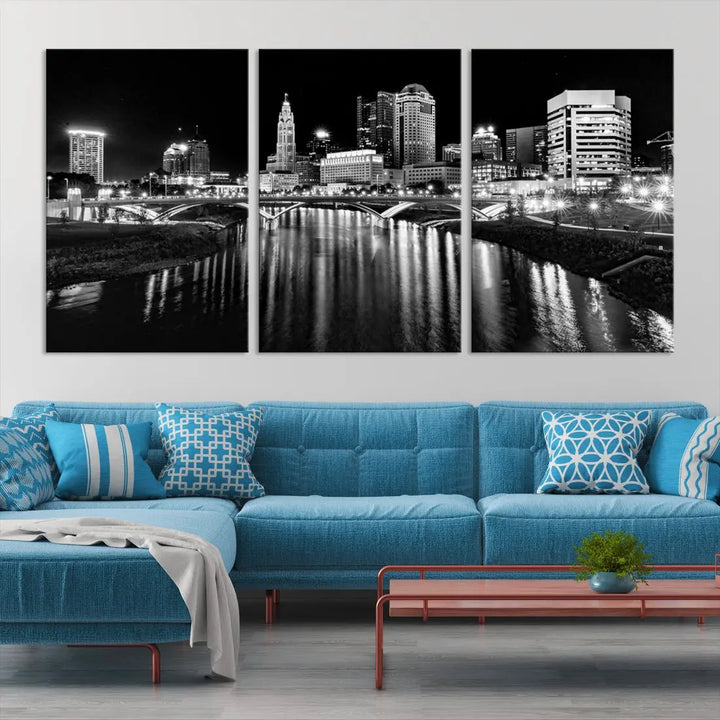 Columbus City Lights Reflections Night Skyline Wall Art Modern Canvas Print