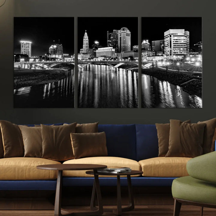 Columbus City Lights Reflections Night Skyline Wall Art Modern Canvas Print