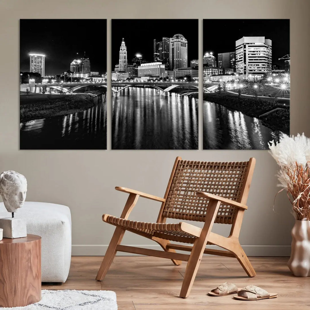 Columbus City Lights Reflections Night Skyline Wall Art Modern Canvas Print