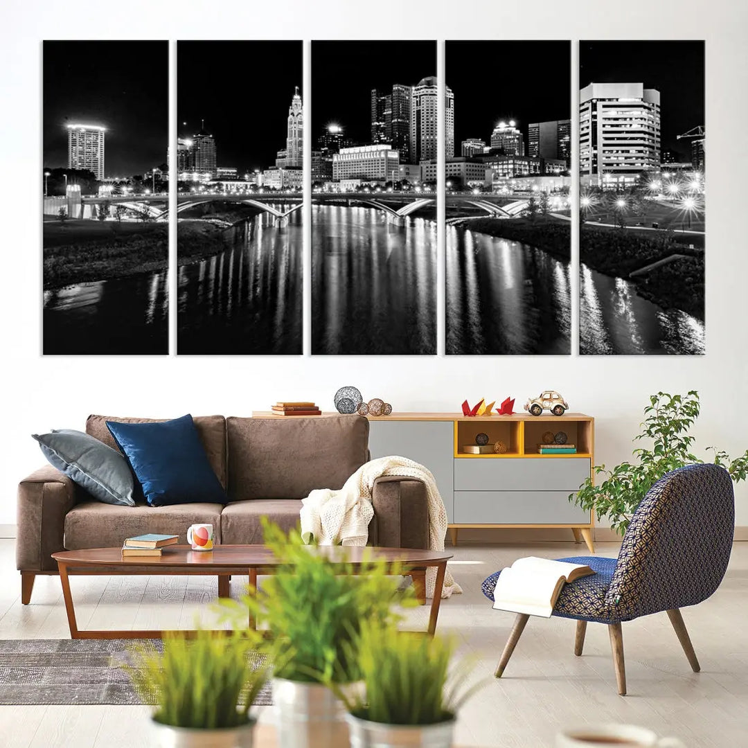 Columbus City Lights Reflections Night Skyline Wall Art Modern Canvas Print