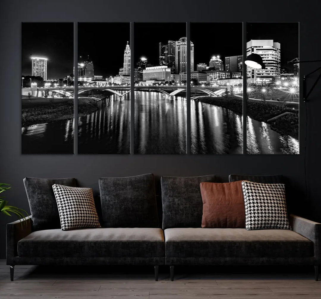 Columbus City Lights Reflections Night Skyline Wall Art Modern Canvas Print