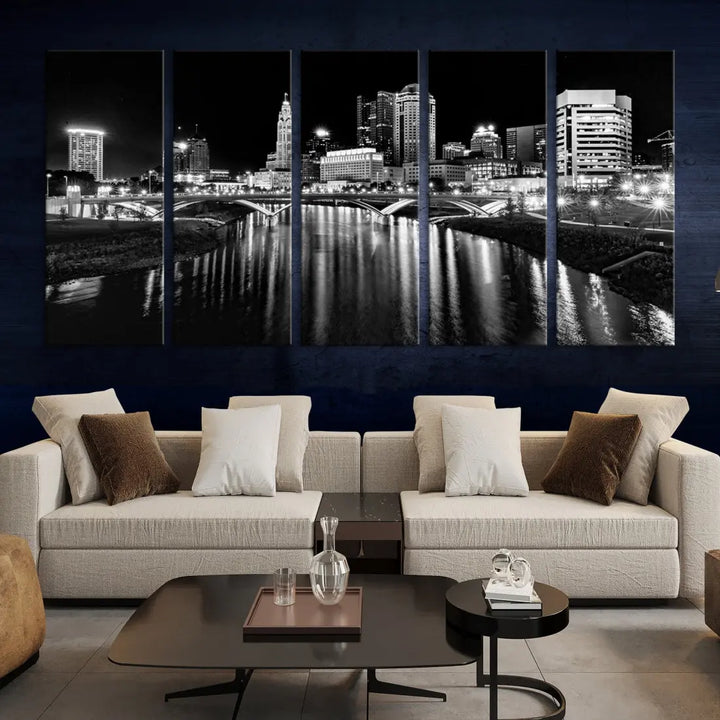 Columbus City Lights Reflections Night Skyline Wall Art Modern Canvas Print