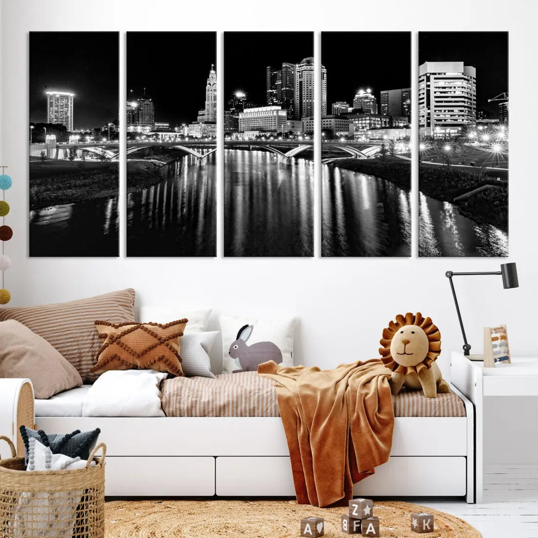 Columbus City Lights Reflections Night Skyline Wall Art Modern Canvas Print