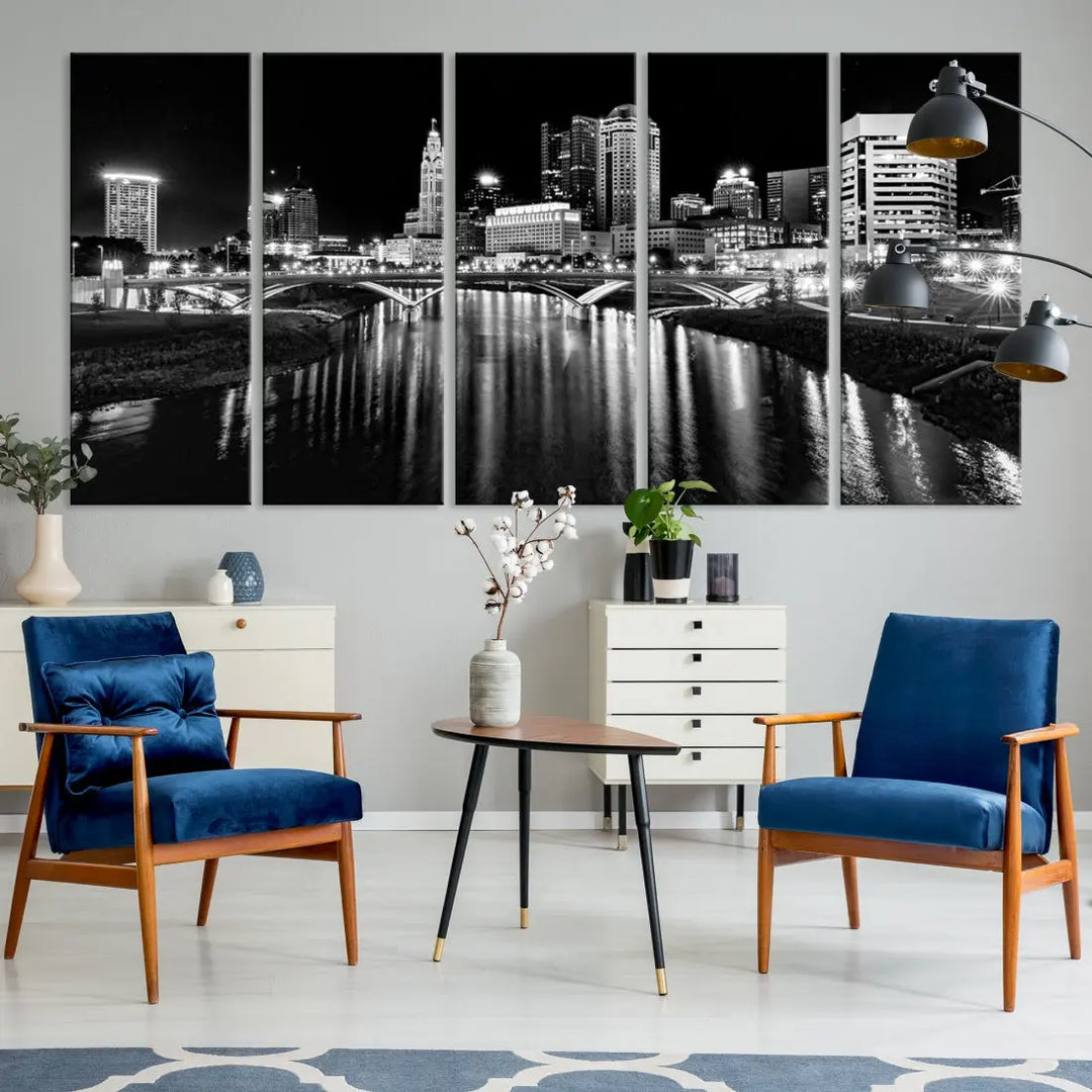 Columbus City Lights Reflections Night Skyline Wall Art Modern Canvas Print