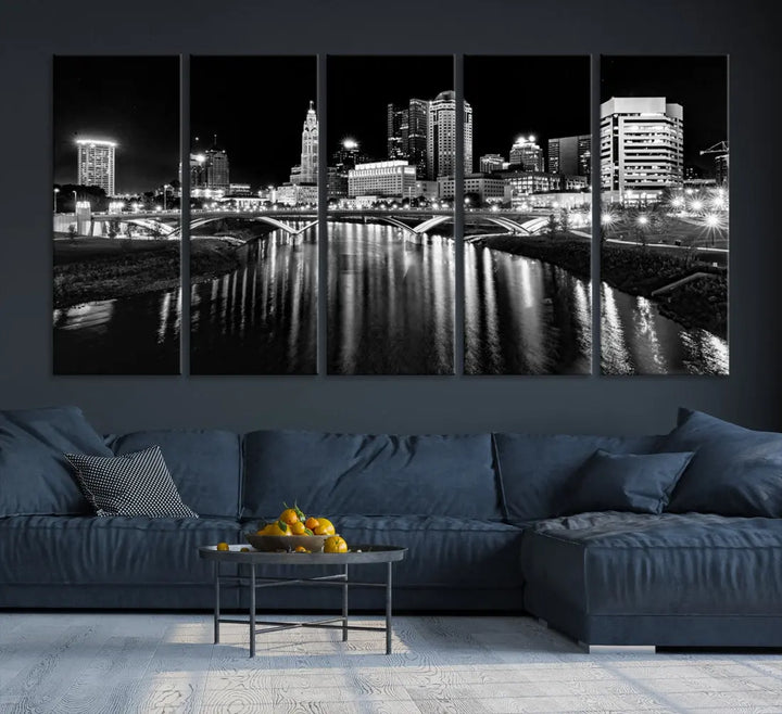 Columbus City Lights Reflections Night Skyline Wall Art Modern Canvas Print