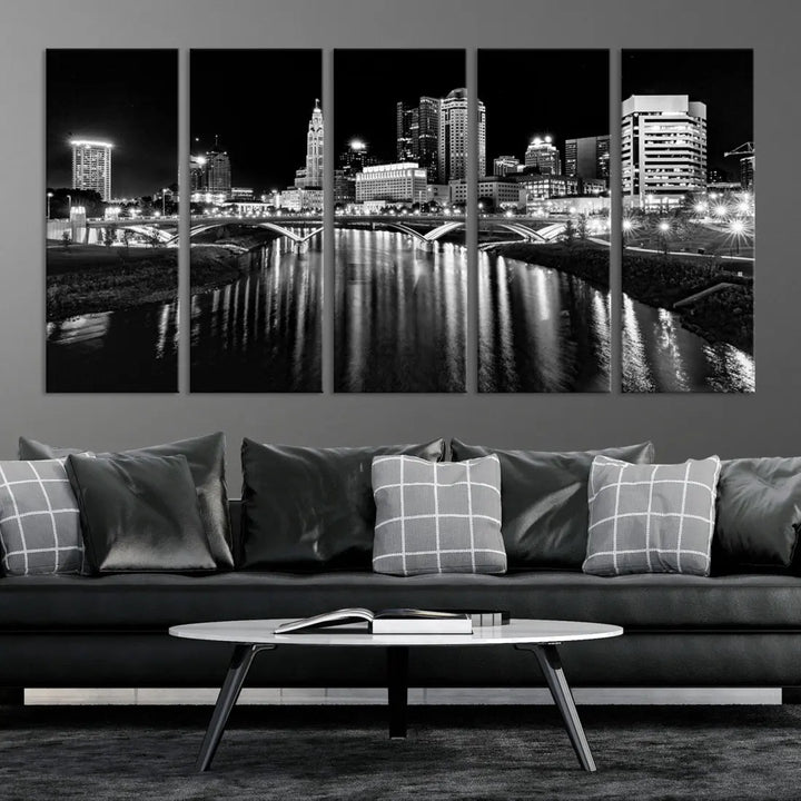 Columbus City Lights Reflections Night Skyline Wall Art Modern Canvas Print