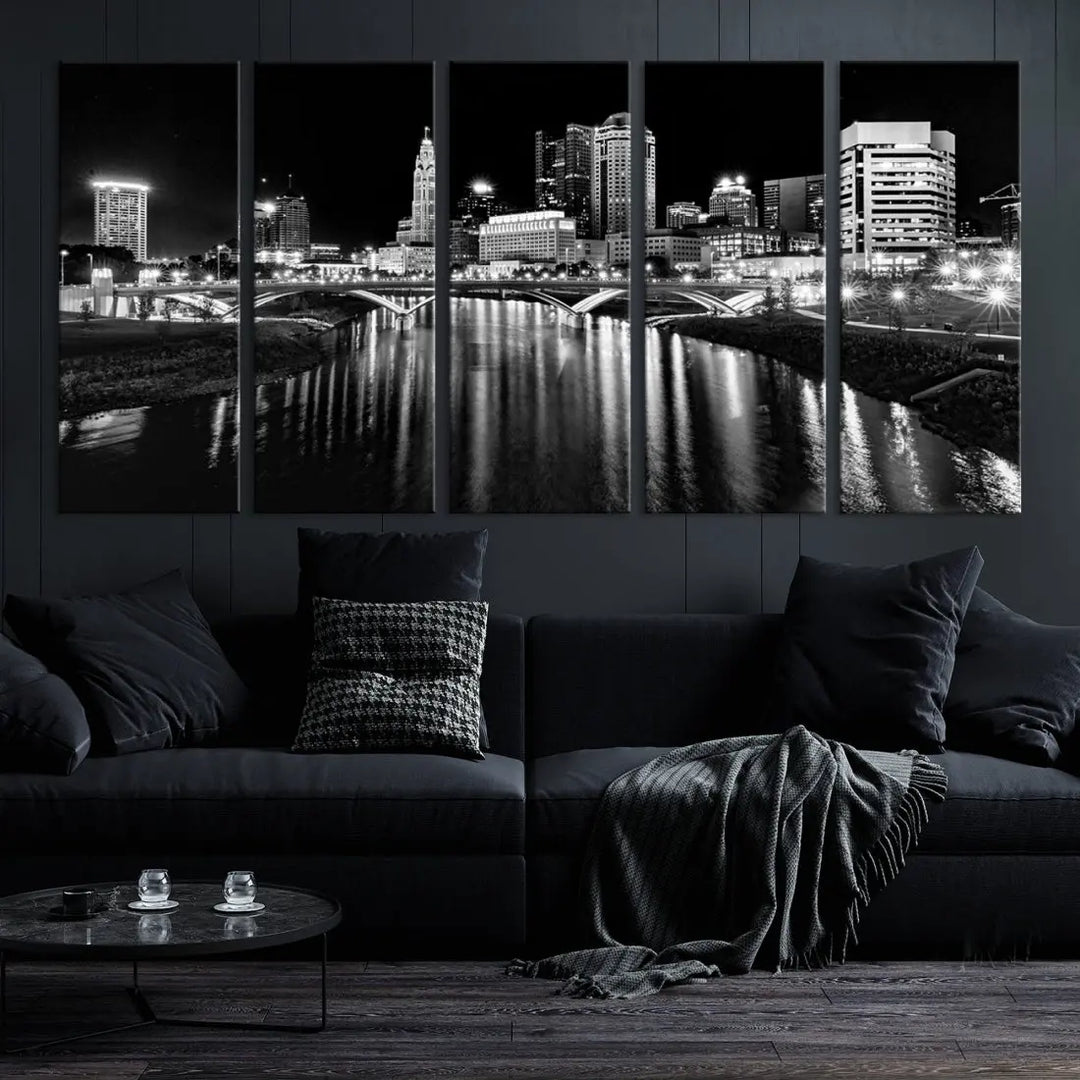 Columbus City Lights Reflections Night Skyline Wall Art Modern Canvas Print