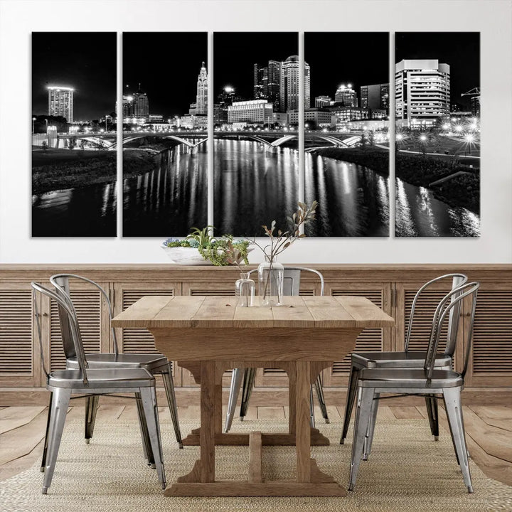 Columbus City Lights Reflections Night Skyline Wall Art Modern Canvas Print