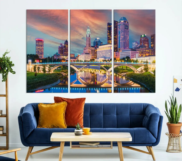 Columbus City Sunset Orange Cloudy Skyline Cityscape Wall Art Canvas Print