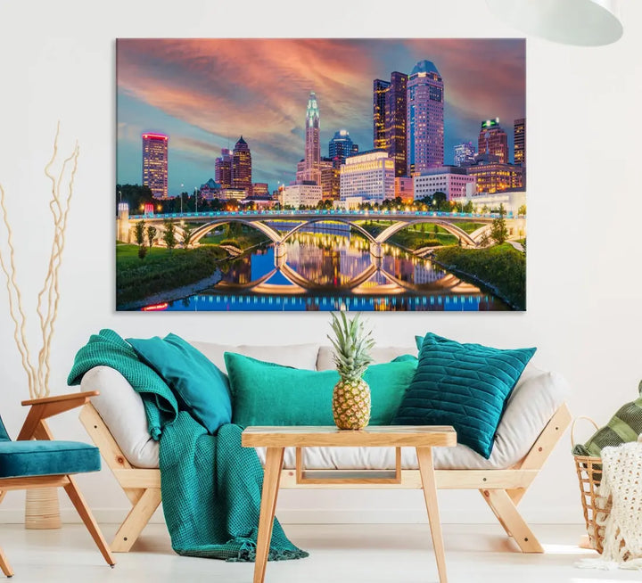 Columbus City Sunset Orange Cloudy Skyline Cityscape Wall Art Canvas Print