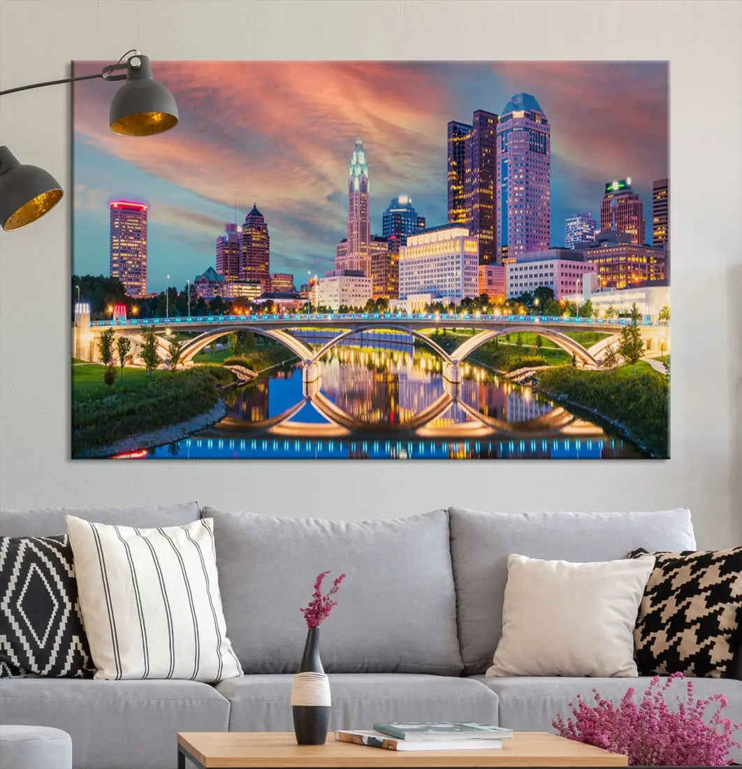 Columbus City Sunset Orange Cloudy Skyline Cityscape Wall Art Canvas Print