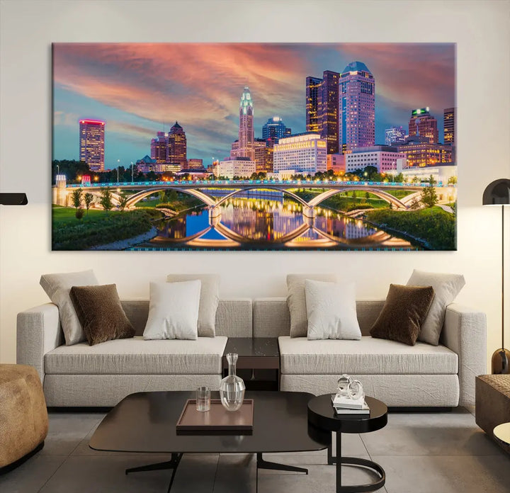 Columbus City Sunset Orange Cloudy Skyline Cityscape Wall Art Canvas Print