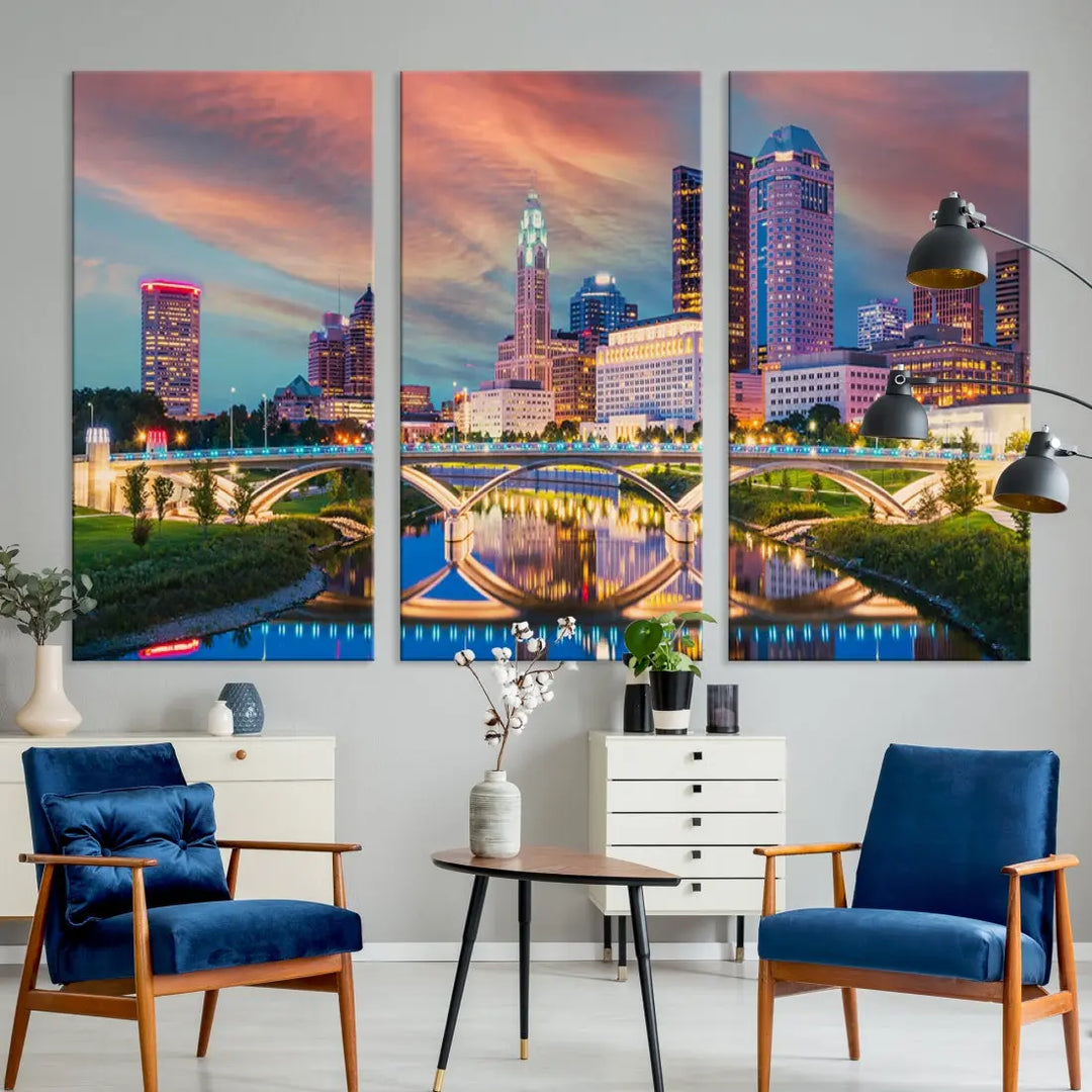 Columbus City Sunset Orange Cloudy Skyline Cityscape Wall Art Canvas Print