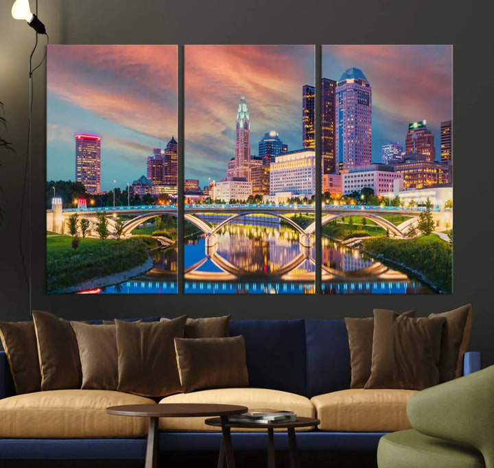 Columbus City Sunset Orange Cloudy Skyline Cityscape Wall Art Canvas Print