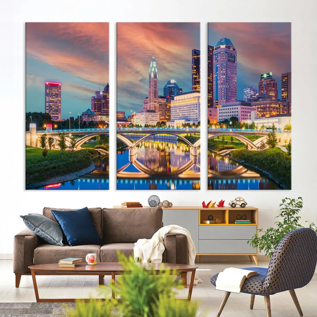 Columbus City Sunset Orange Cloudy Skyline Cityscape Wall Art Canvas Print