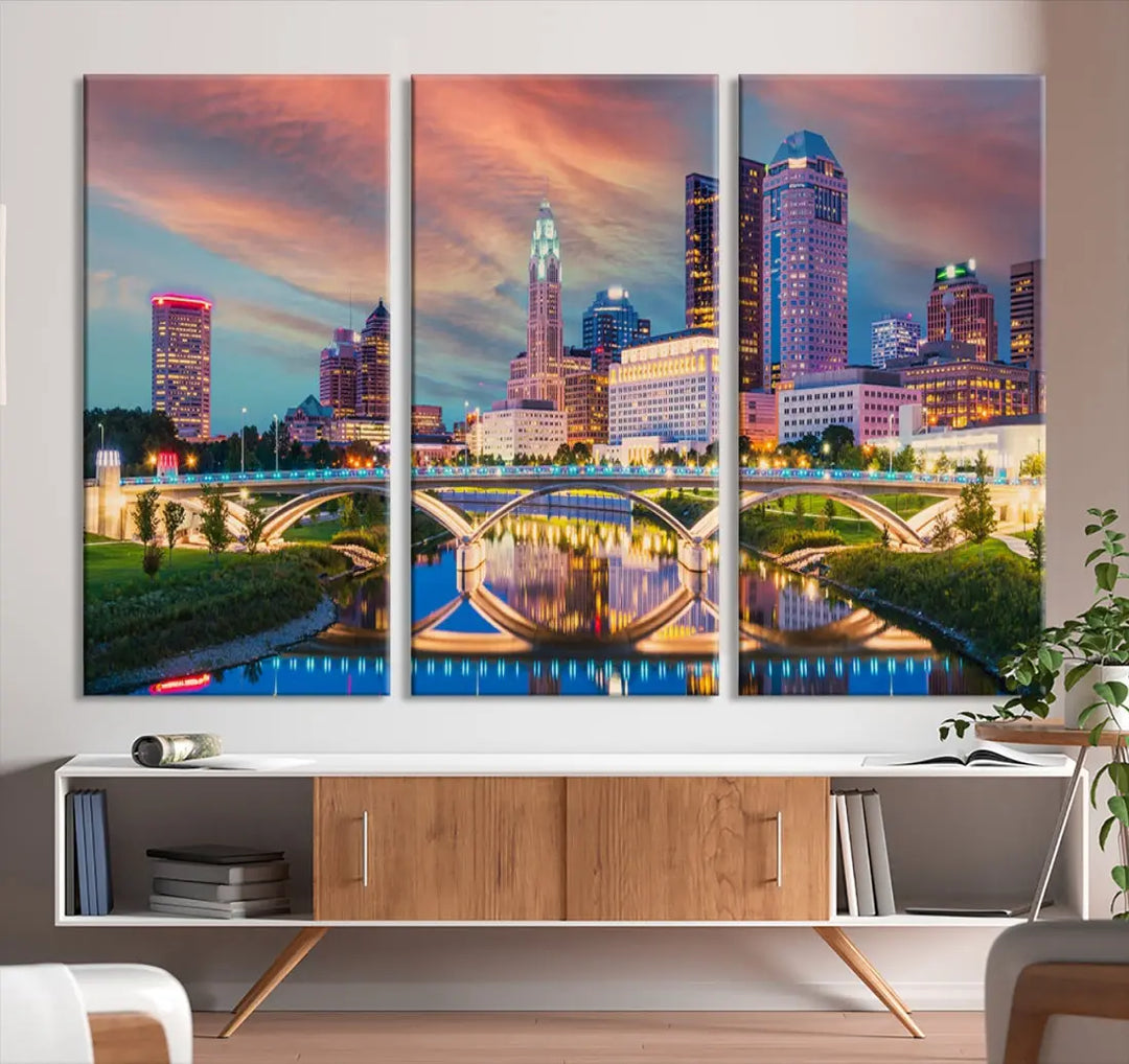 Columbus City Sunset Orange Cloudy Skyline Cityscape Wall Art Canvas Print