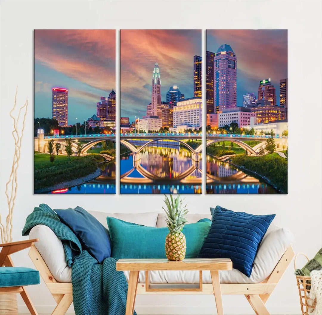 Columbus City Sunset Orange Cloudy Skyline Cityscape Wall Art Canvas Print