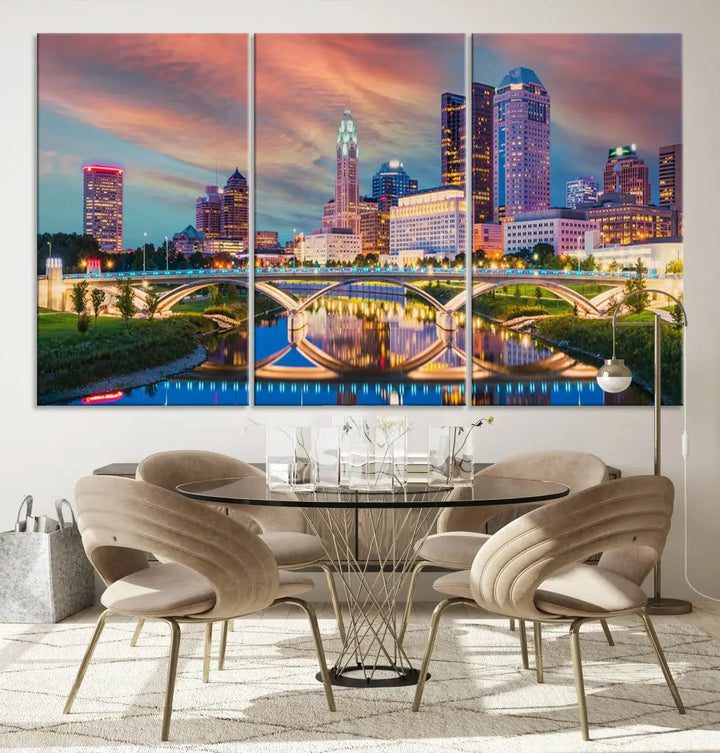 Columbus City Sunset Orange Cloudy Skyline Cityscape Wall Art Canvas Print