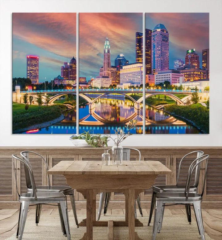 Columbus City Sunset Orange Cloudy Skyline Cityscape Wall Art Canvas Print