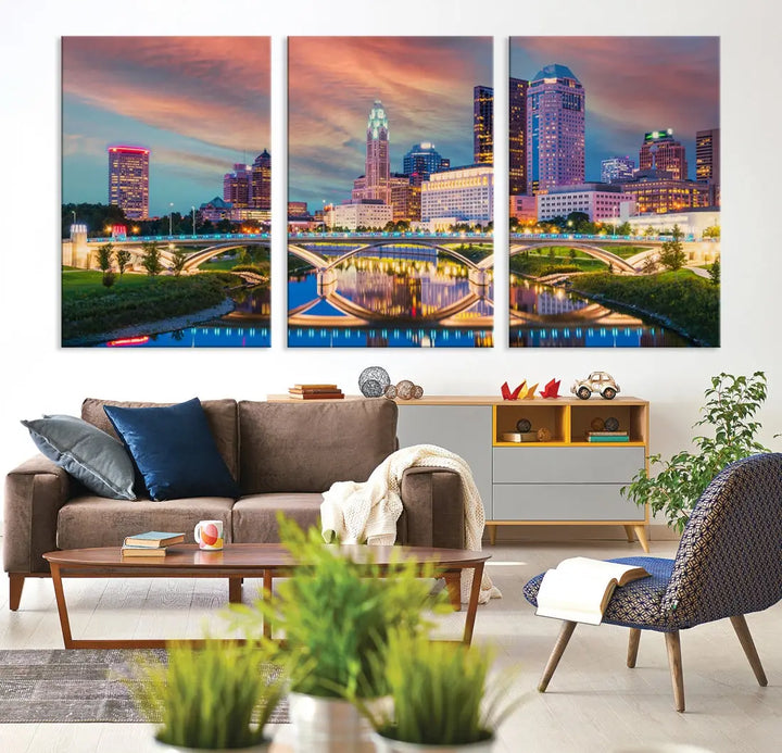 Columbus City Sunset Orange Cloudy Skyline Cityscape Wall Art Canvas Print