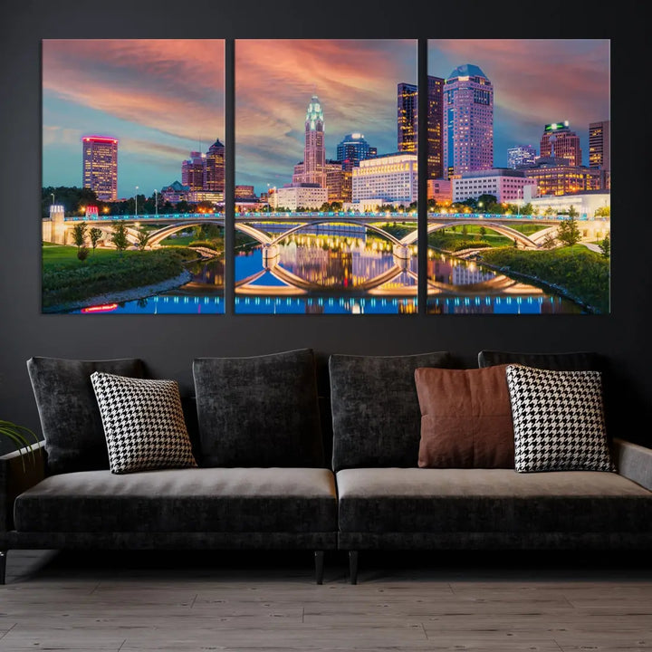 Columbus City Sunset Orange Cloudy Skyline Cityscape Wall Art Canvas Print